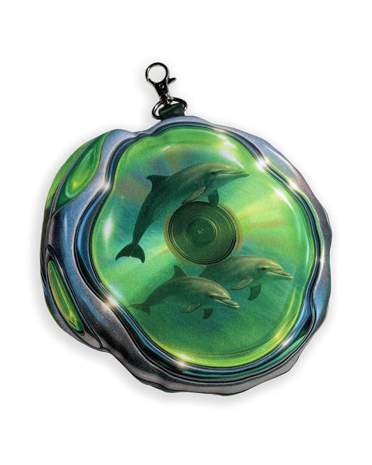 Close-up of the back of the DOLPH MP3 pouch bag by Chimera Lab, featuring a surreal dolphin vocal CD print inside translucent green casing.