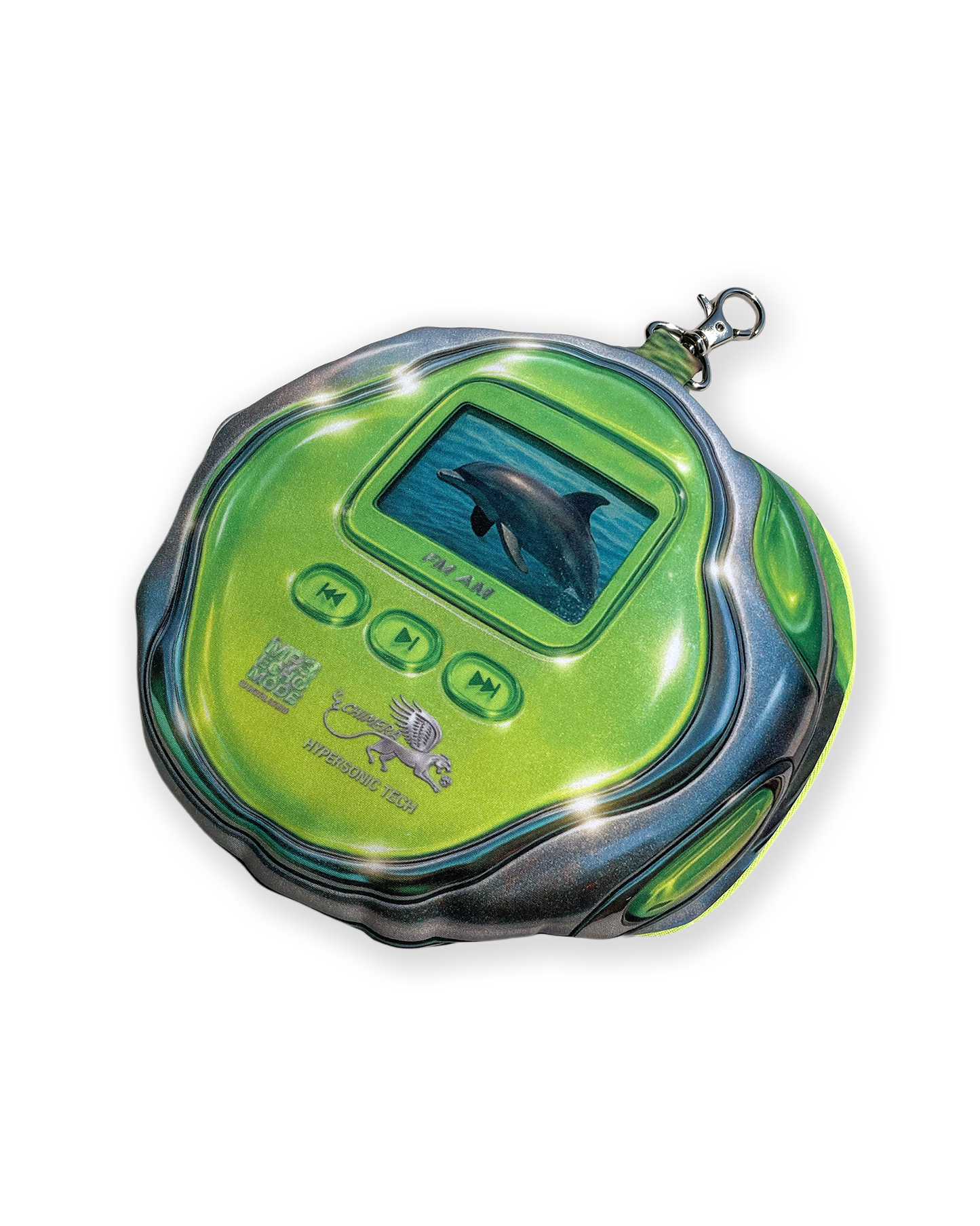 Close-up of the DOLPH MP3 pouch bag by Chimera Lab, shaped like a green retro MP3 player with dolphin screen graphic, Y2K-inspired wearable art.