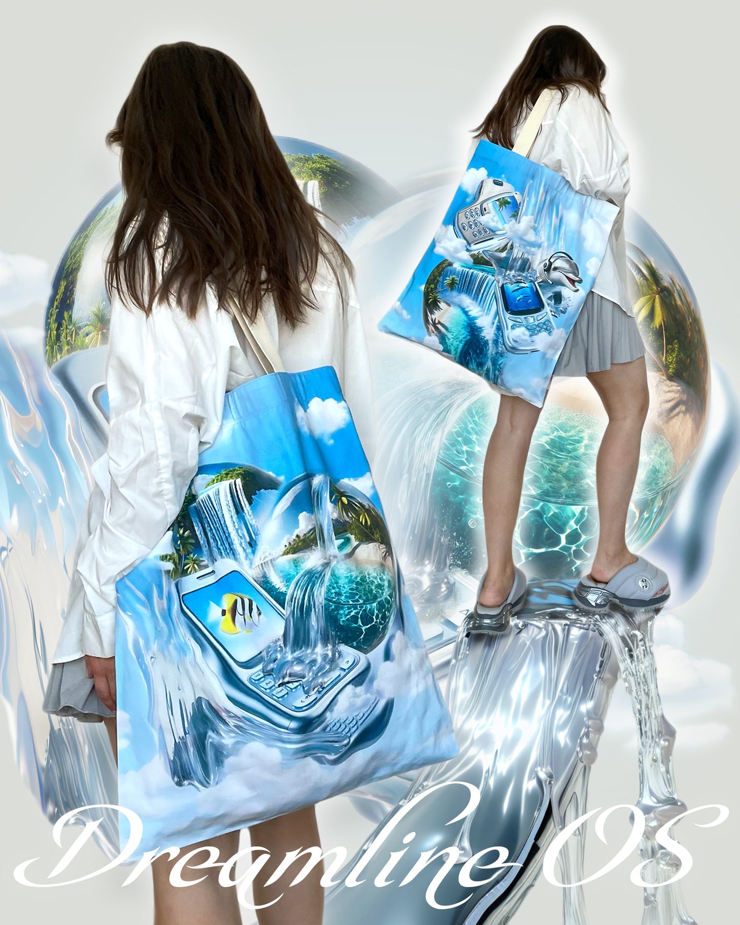 Styled promo image featuring the Dreamline OS Large Organic Cotton Bag on a model with mirrored background, tropical and tech fusion.
