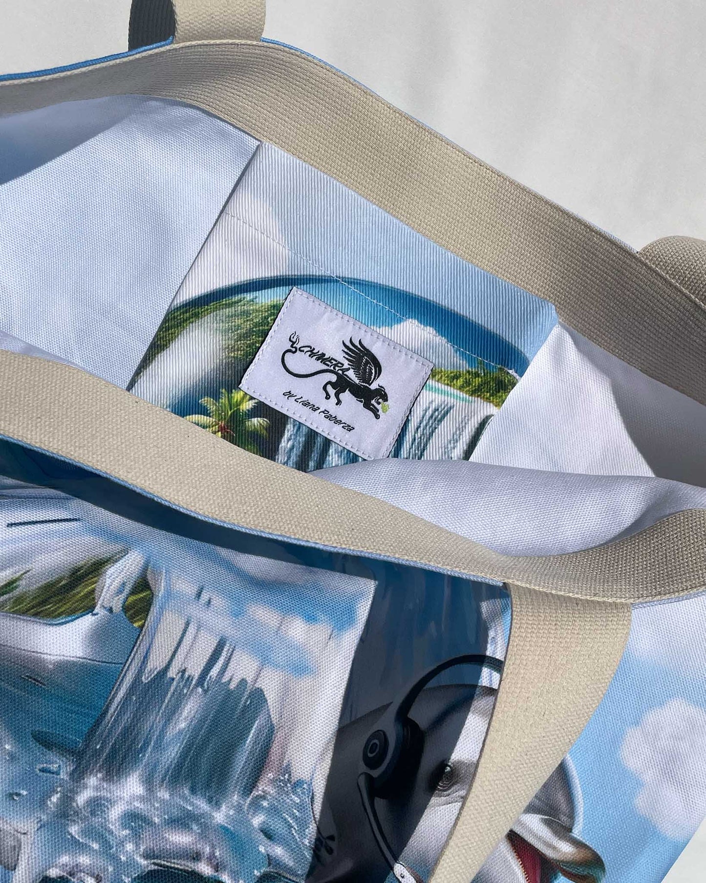 Interior view of the tote bag showing custom Chimera Lab label sewn inside.