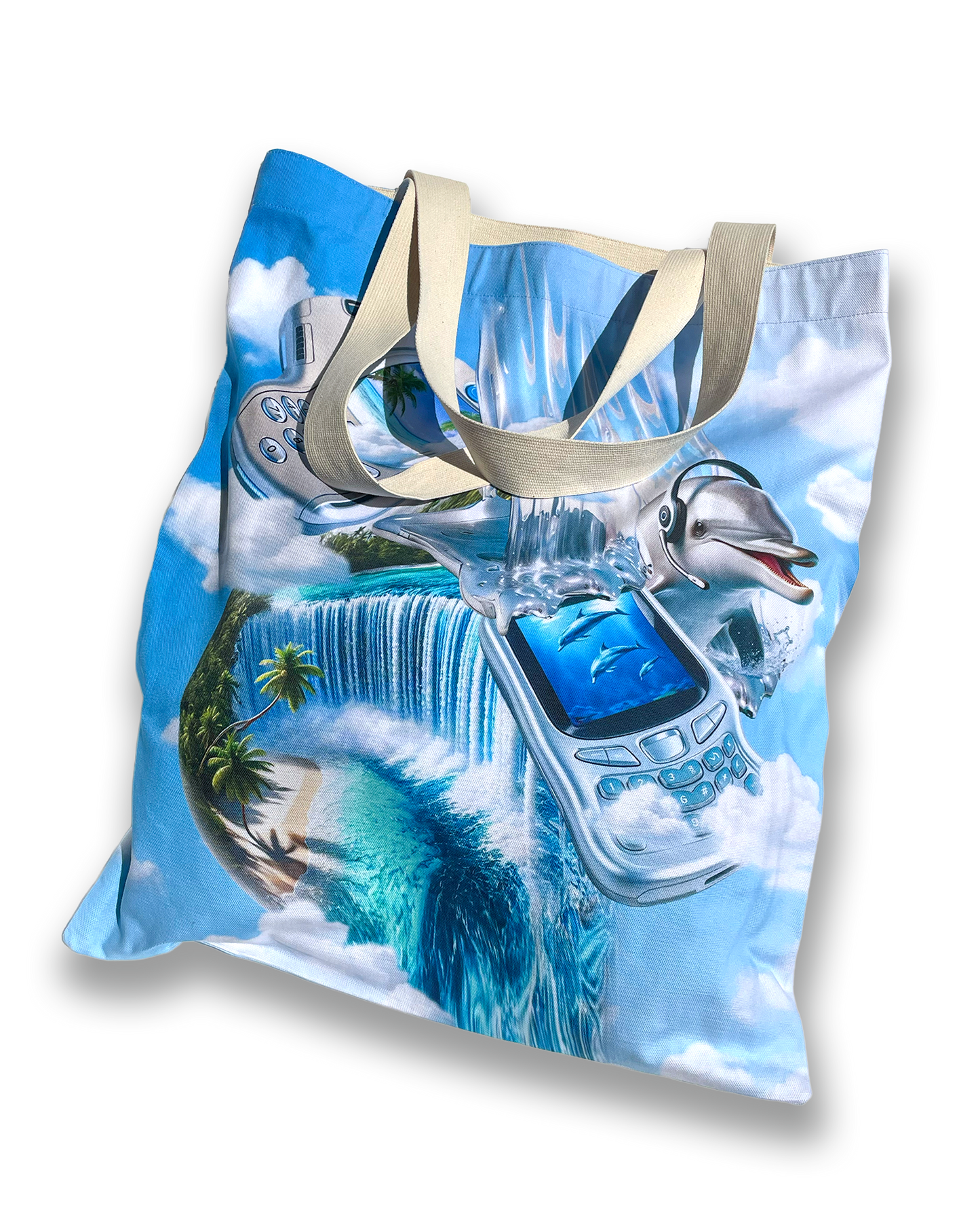 Flat lay of the Dreamline OS Large Cotton Canvas Tote Bag by Chimera Lab on white background, showcasing full surreal phone-dolphin print.