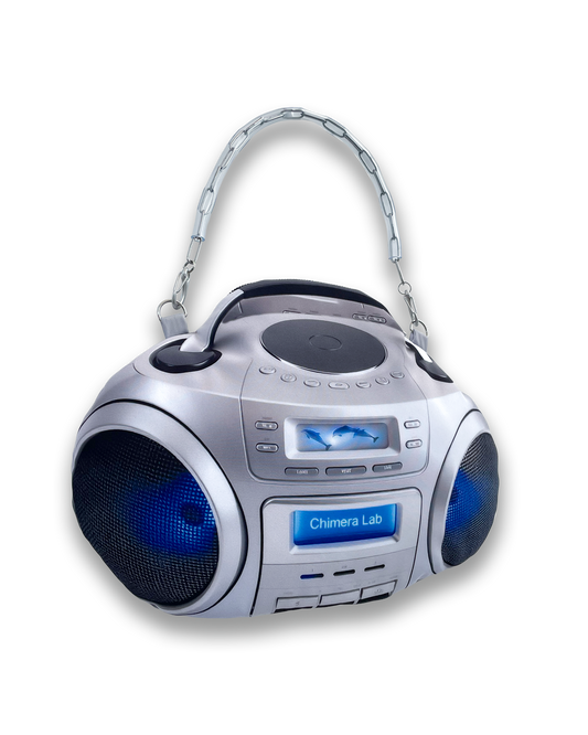 Y2K silver boombox handbag with digital dolphin display and detachable chain strap. Photorealistic 3D digital print inspired by early 2000s portable stereo design.