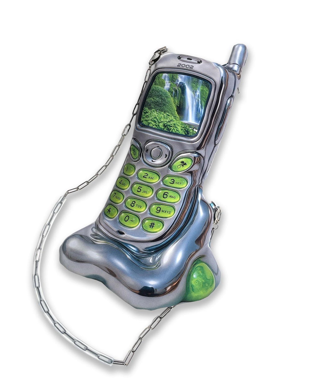Nature Cell Bag on white background – sculptural Y2K phone design with digital print details