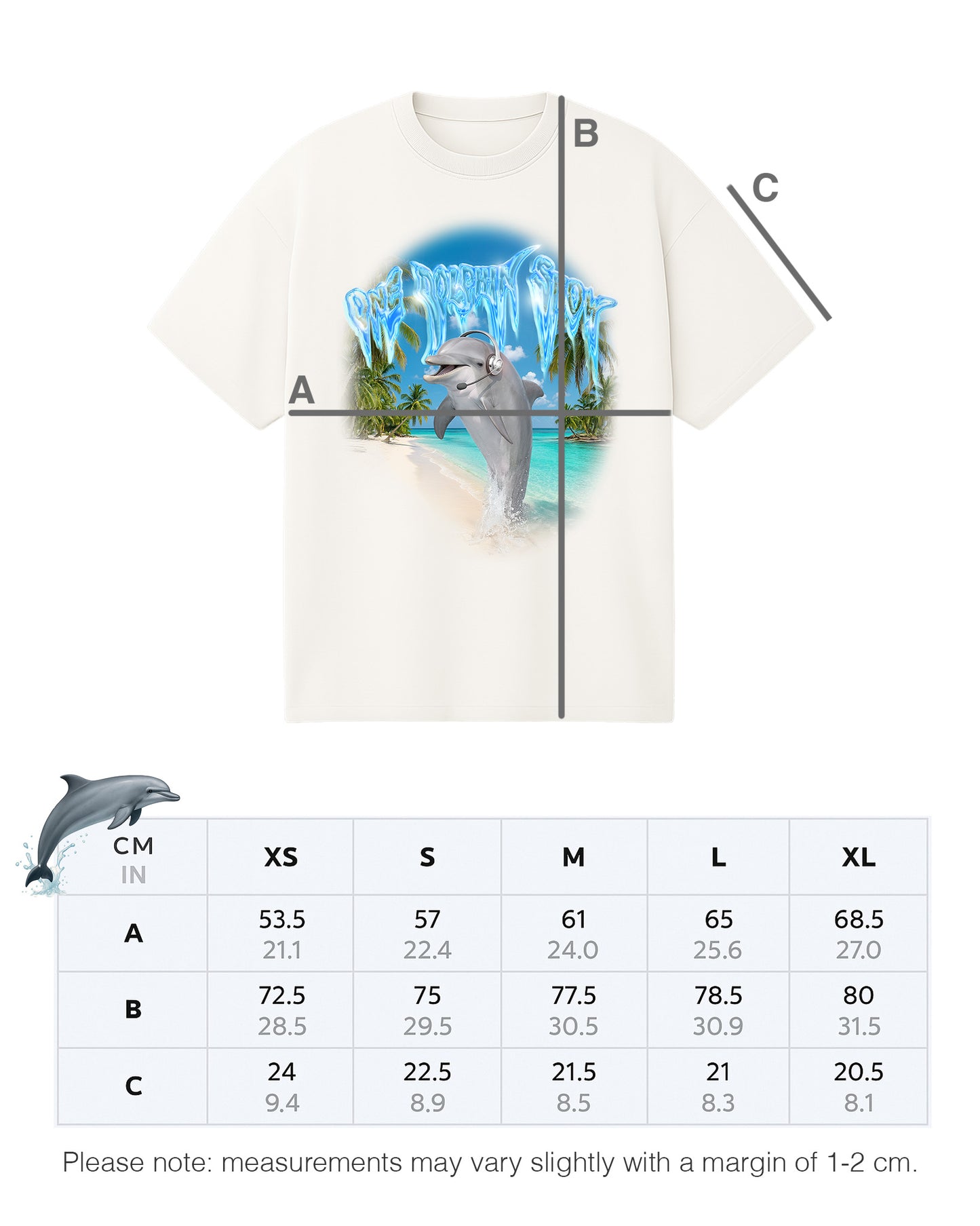 One Dolphin Show T-shirt by Chimera Lab. Size chart of a vintage white oversized tee with dolphin graphic.