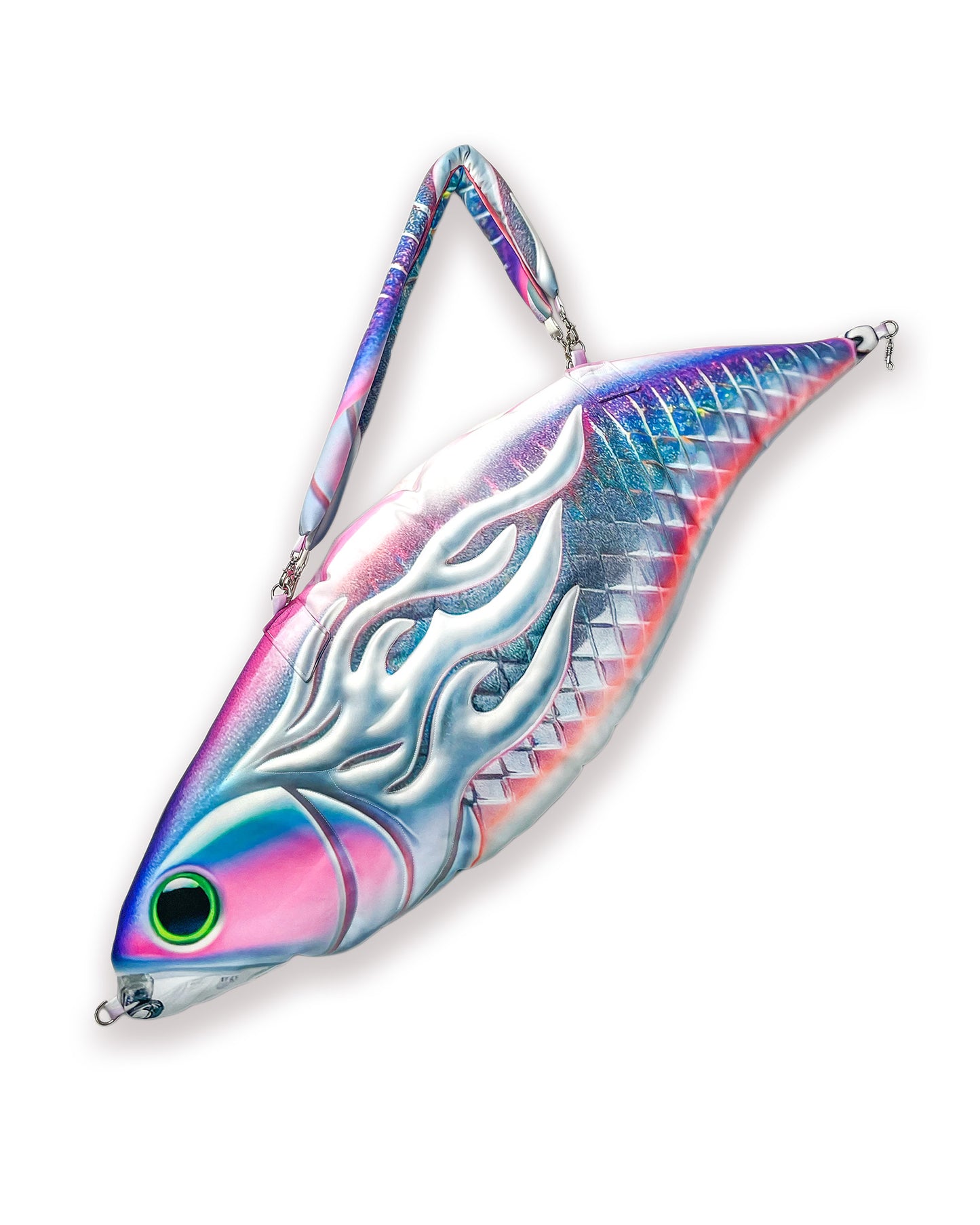 XXL surreal fish-shaped handbag with a padded 3D body, iridescent scale texture, chrome flame detailing, and a detachable printed strap. Gradient hues in pink, purple, and silver with a bold green eye accent.