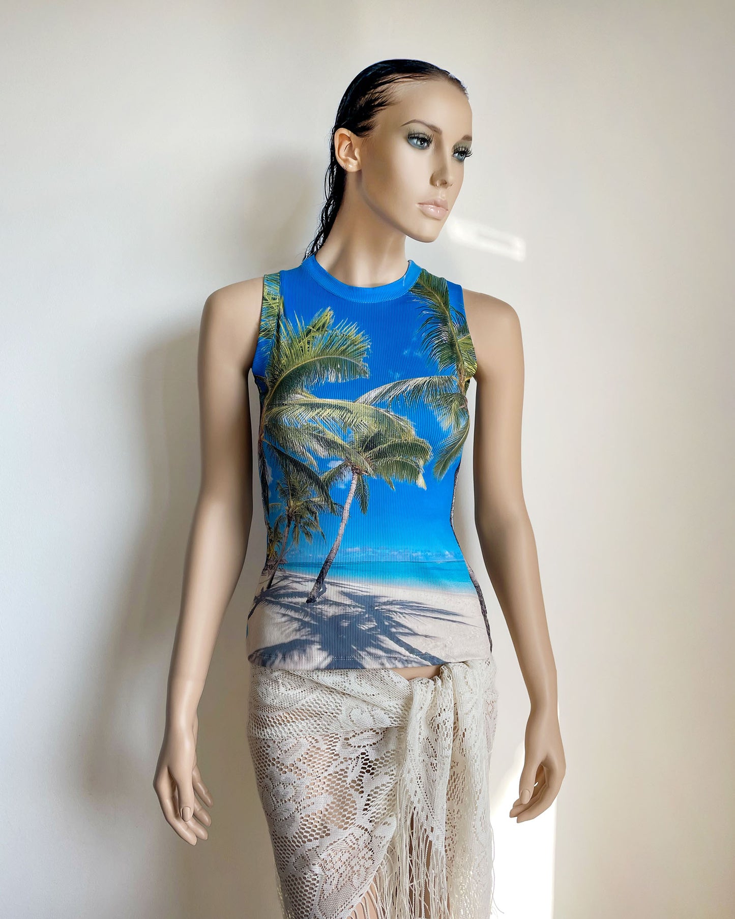 Mannequin wearing Tropical.jpeg Top with palm beach digital print