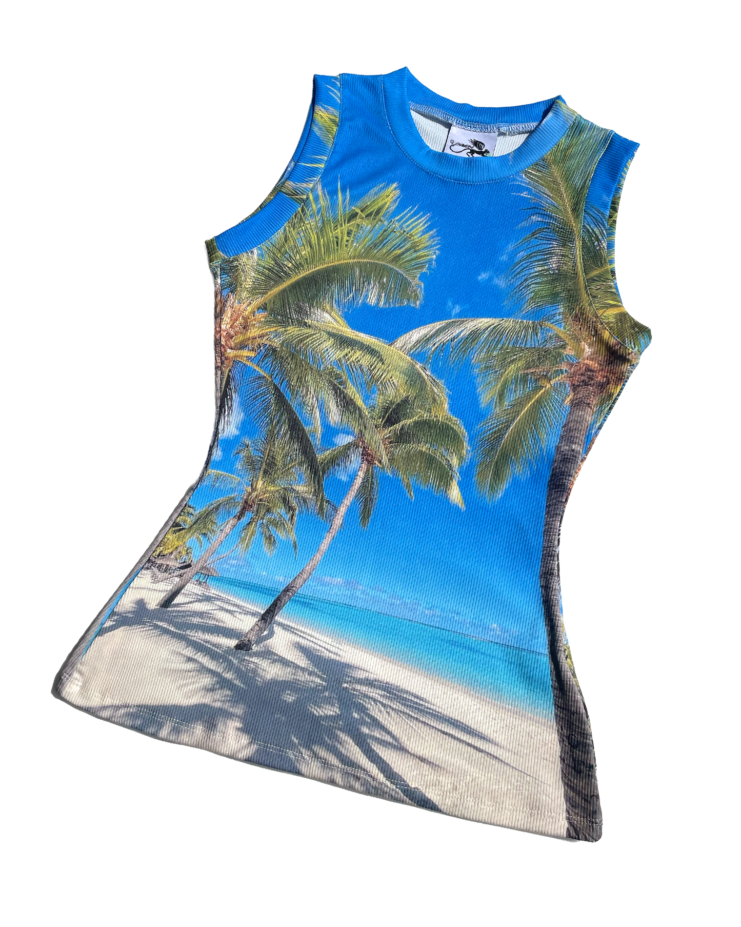 Front view of Tropical.jpeg Top by Chimera Lab laid flat showing digital palm beach print