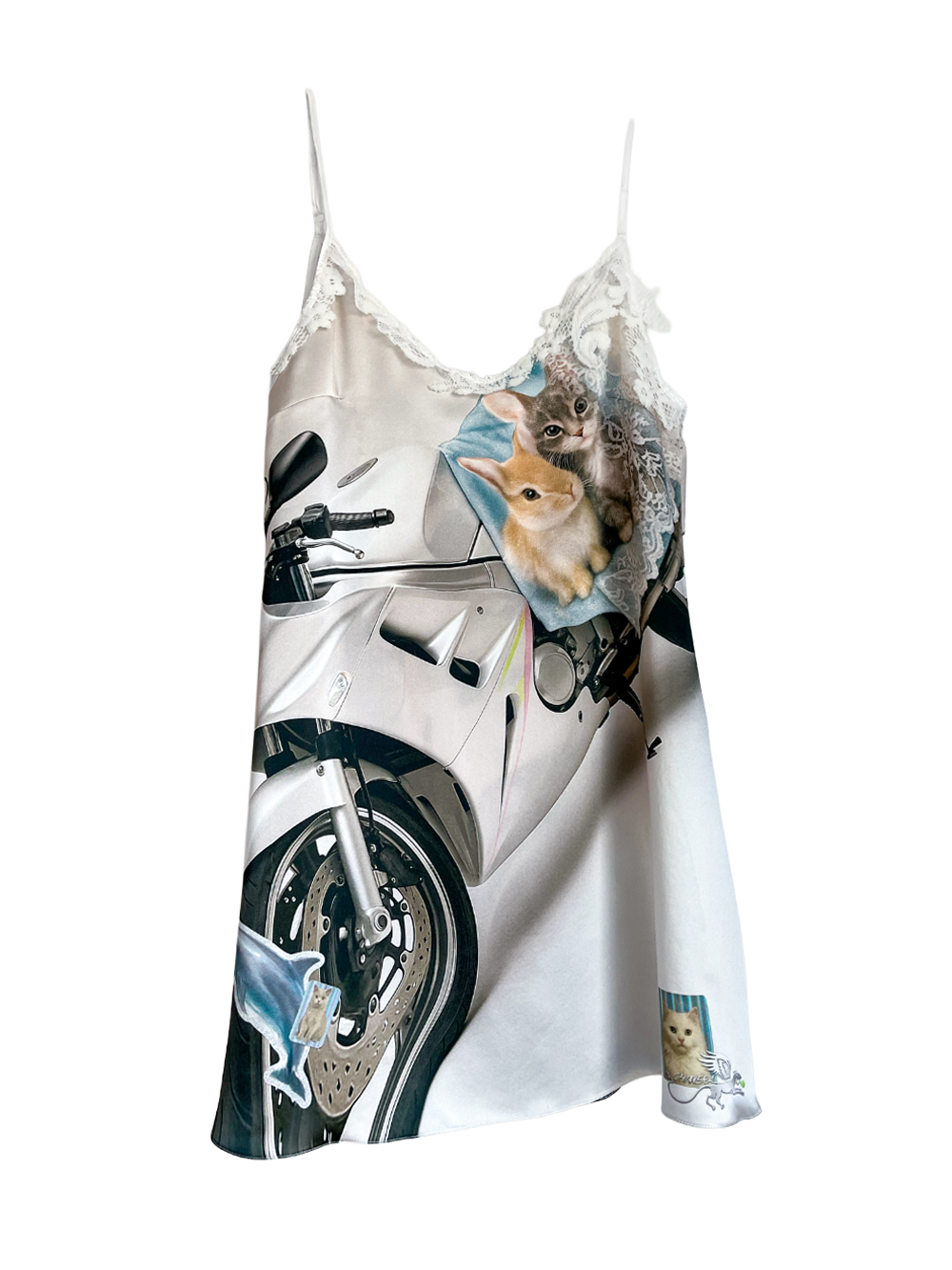 Sleeveless silk slip mini dress with motorcycle and kitten, rabbit print on a white background, by CHIMERA.