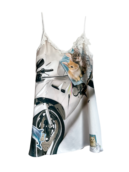 Sleeveless silk slip mini dress with motorcycle and kitten, rabbit print on a white background, by CHIMERA.
