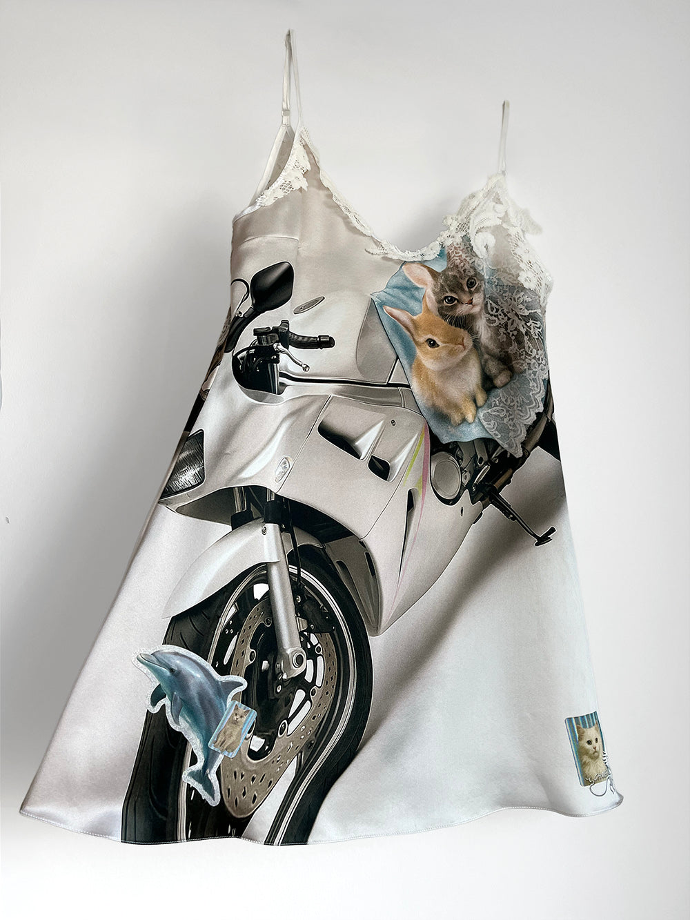 Mini Silk Slip Dress with a motorcycle and animal print on a white background.
