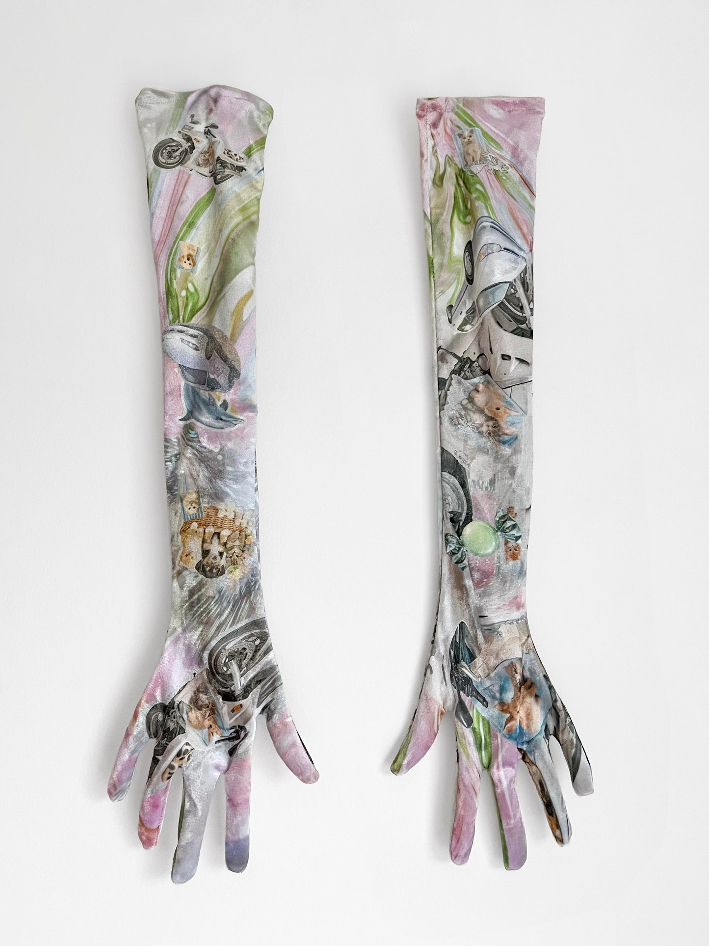 Pair of long gloves with floral and nature-themed design on a white background. Y2K Sticker Print Opera Gloves