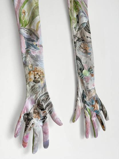 Pair of long gloves with artistic Y2K dolphin, cute puppy print design on a white background.