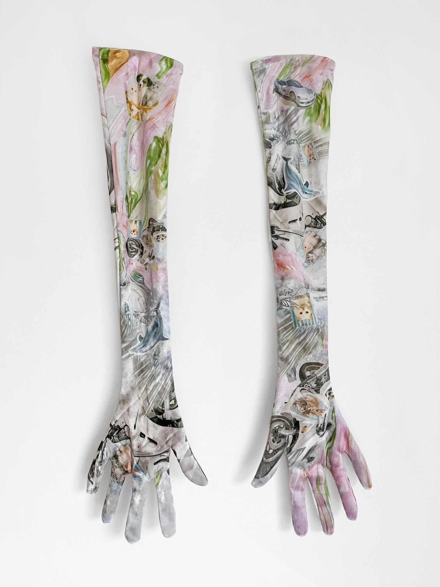 Y2K long opera gloves with surreal collage print of dolphins, cats, and cars in pastel tones, CHIMERA Lab.