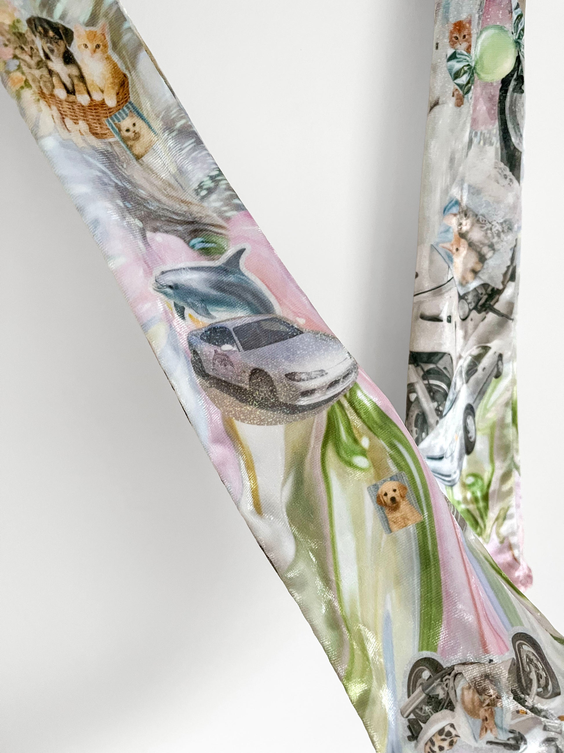 Long fashion opera gloves with animal-themed and Y2K sticker print design on a white background.