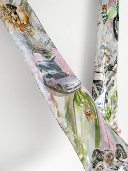 Long fashion opera gloves with animal-themed and Y2K sticker print design on a white background.