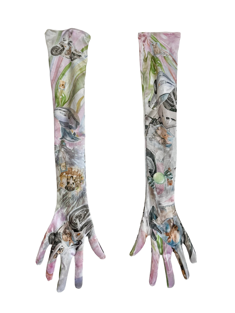 Long opera gloves with collage-style print featuring dolphins, kittens, and vehicles in soft pastel tones, CHIMERA.