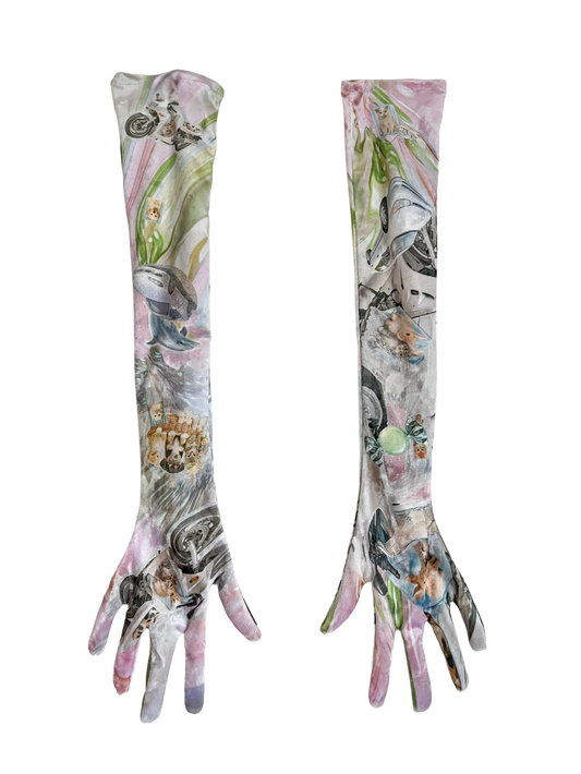 Long opera gloves with collage-style print featuring dolphins, kittens, and vehicles in soft pastel tones, CHIMERA.