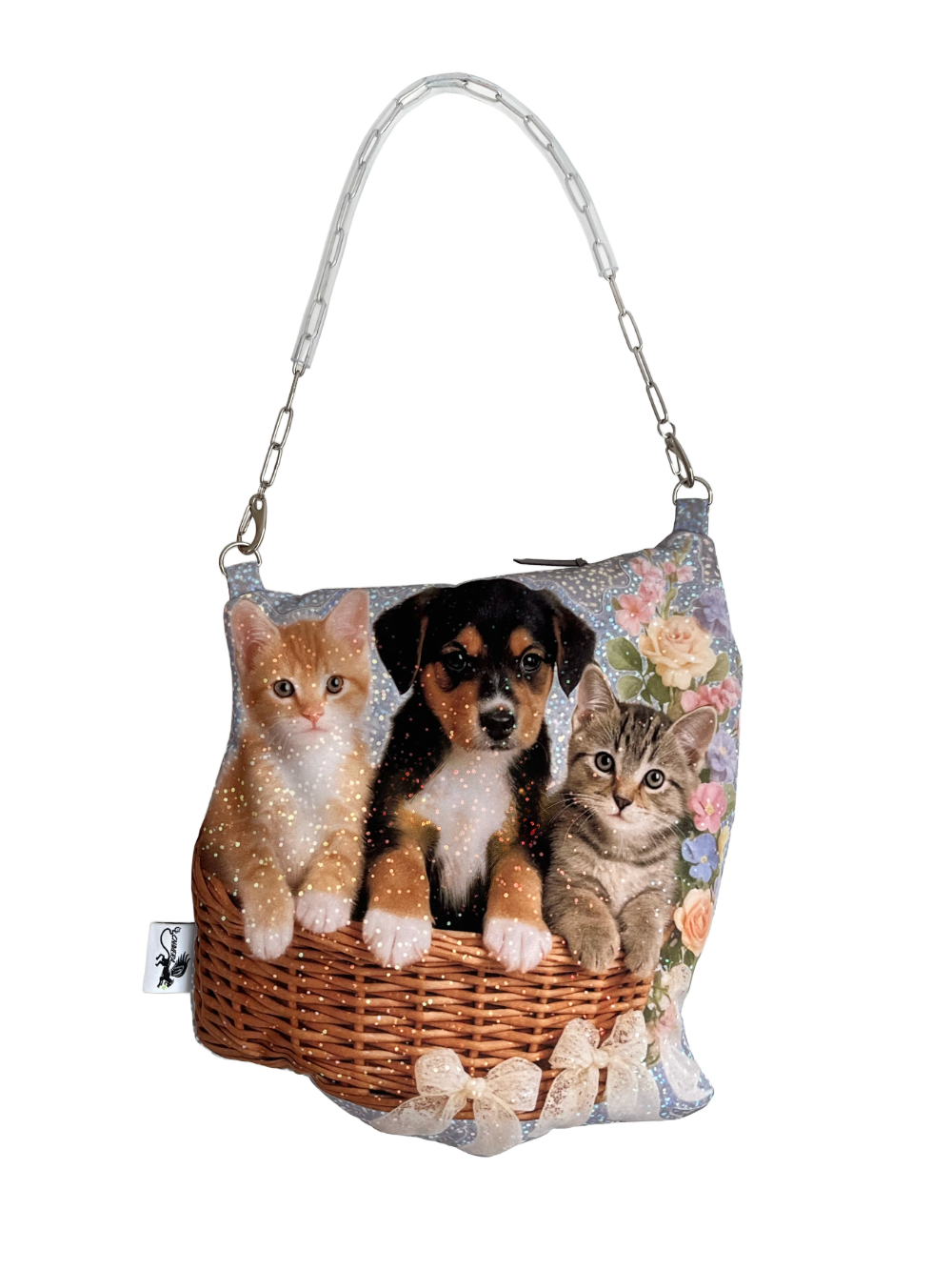 Cute pet print shoulder bag with kittens and puppy in a basket, glitter sticker-style design with floral details, CHIMERA.