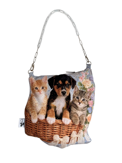 Cute pet print shoulder bag with kittens and puppy in a basket, glitter sticker-style design with floral details, CHIMERA.