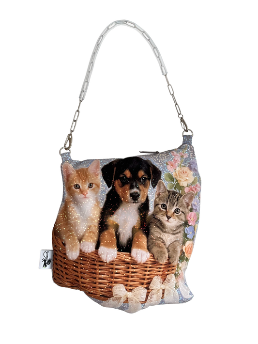Cute pet print shoulder bag with kittens and puppy in a basket, glitter sticker-style design with floral details, CHIMERA.
