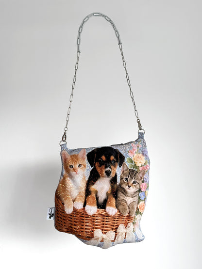Y2K cute pet crossbody bag with kittens and puppy in basket, glitter sticker aesthetic, floral print handbag, CHIMERA Lab.