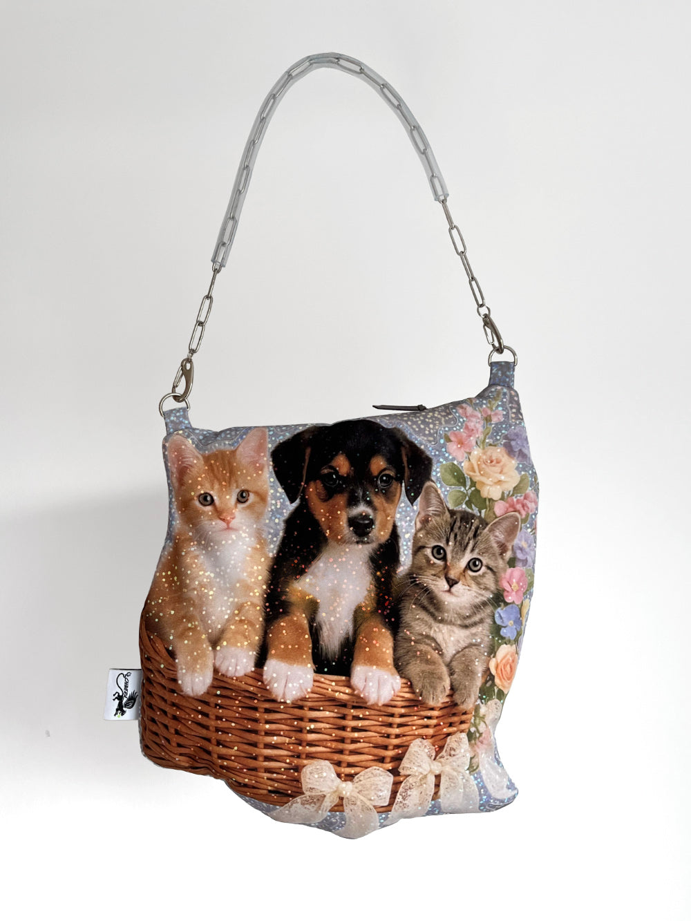Y2K cute pet shoulder bag with kittens and puppy in basket, glitter sticker aesthetic, floral print handbag, CHIMERA Lab.