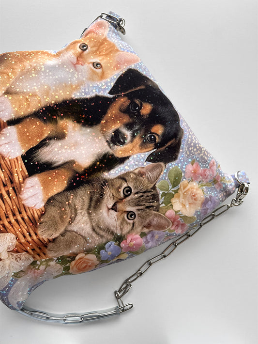 Y2K cute pet shoulder bag with kittens and puppy in basket, glitter sticker aesthetic, floral print handbag, CHIMERA Lab.