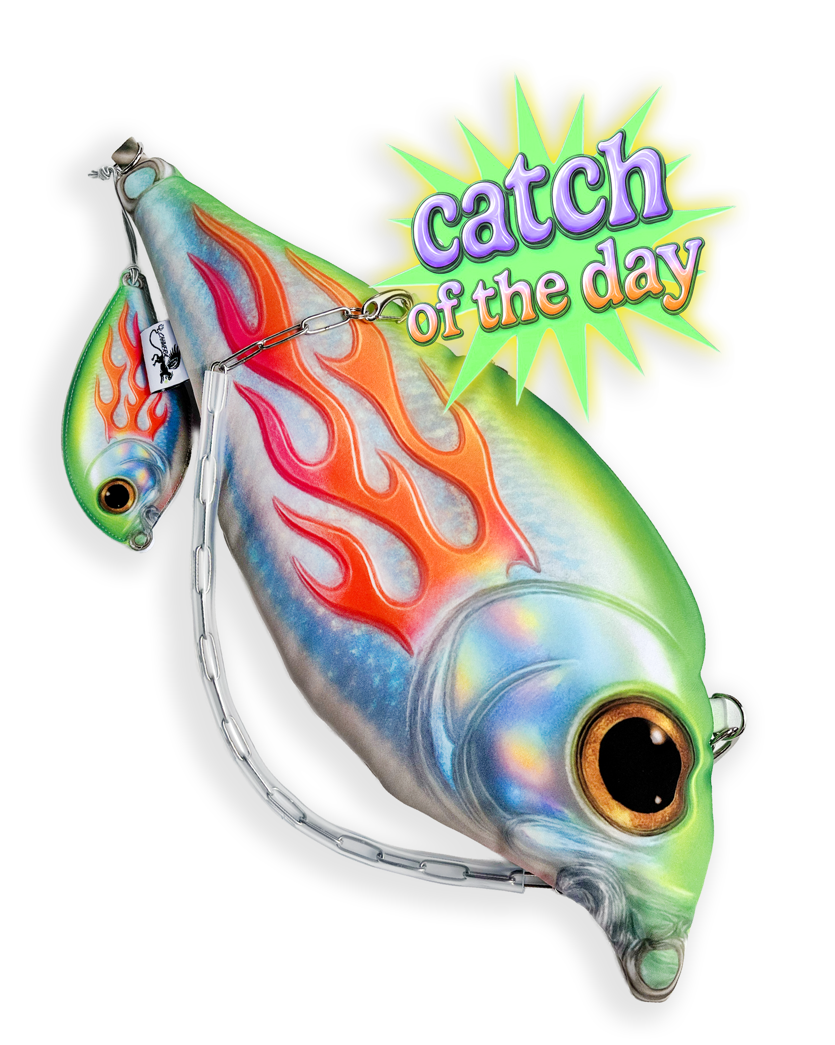 Trophy Fish Bag with holographic flame print and detachable chain strap on plain background, styled with retro “Catch of the Day” graphic text.