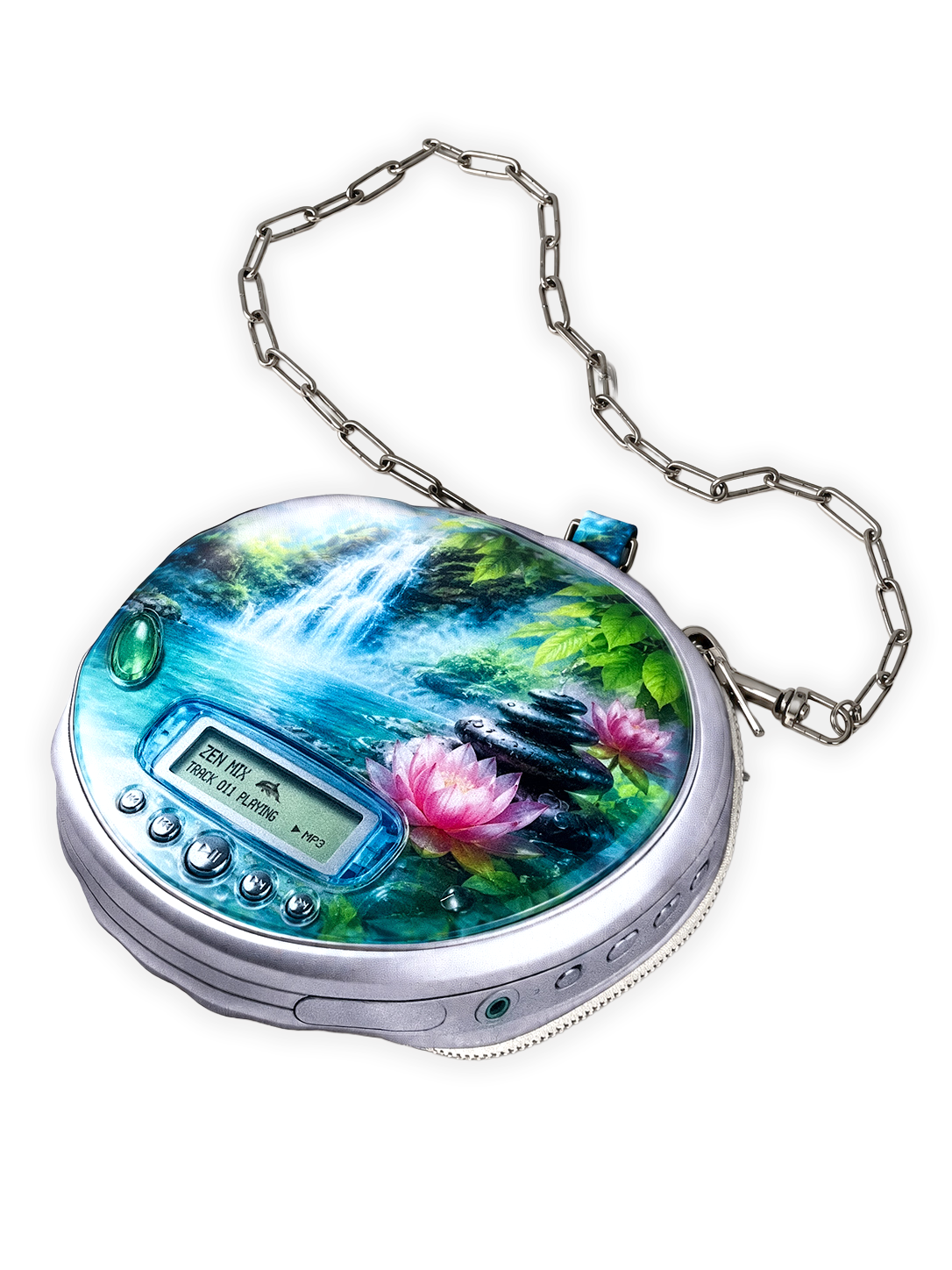 Zen CD Pouch Bag, front view with printed CD player controls, lotus waterfall scenery and chain strap.