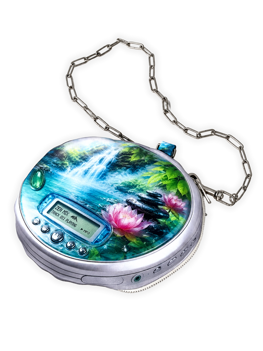 Zen CD Pouch Bag, front view with printed CD player controls, lotus waterfall scenery and chain strap.