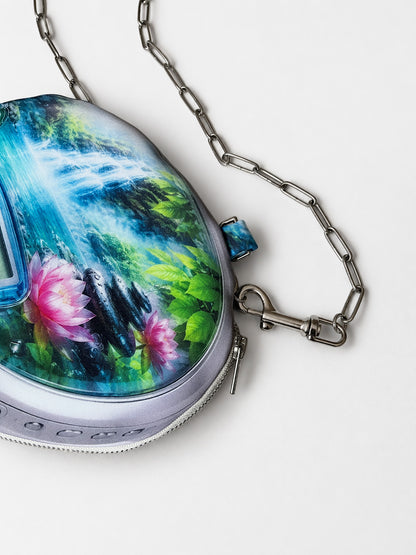 Close-up of the Zen CD Pouch Bag's detachable chain clasp, zip and waterfall print.
