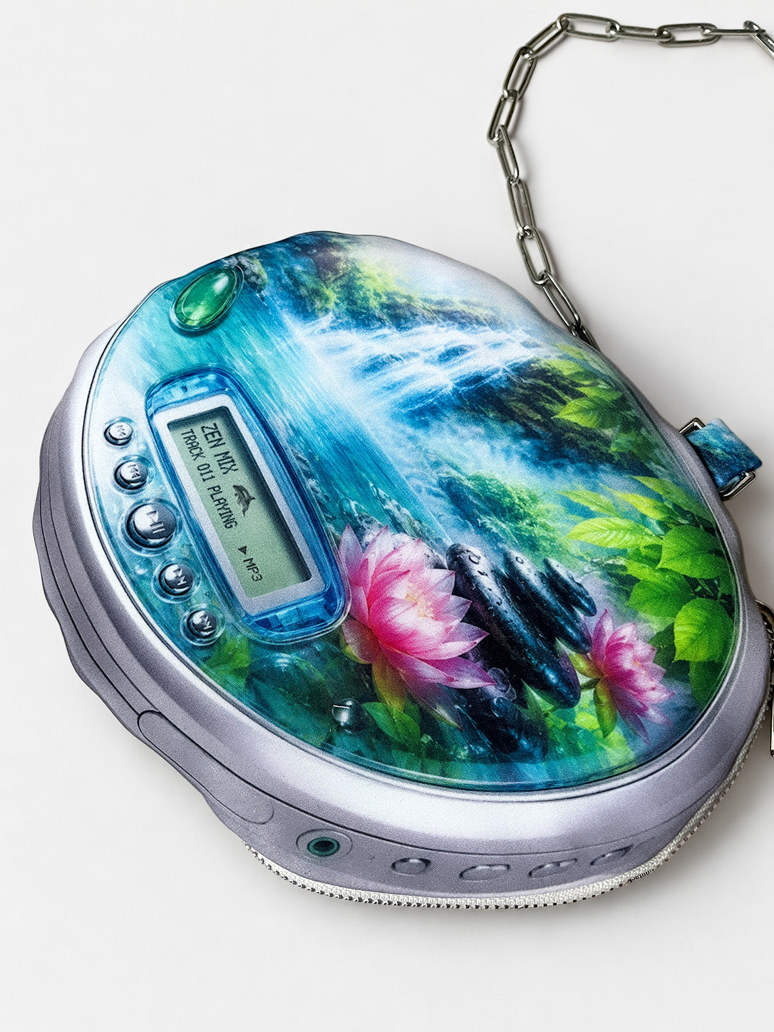 Close-up of the Zen CD Pouch Bag's printed screen, buttons, lotus flowers and zip edge.