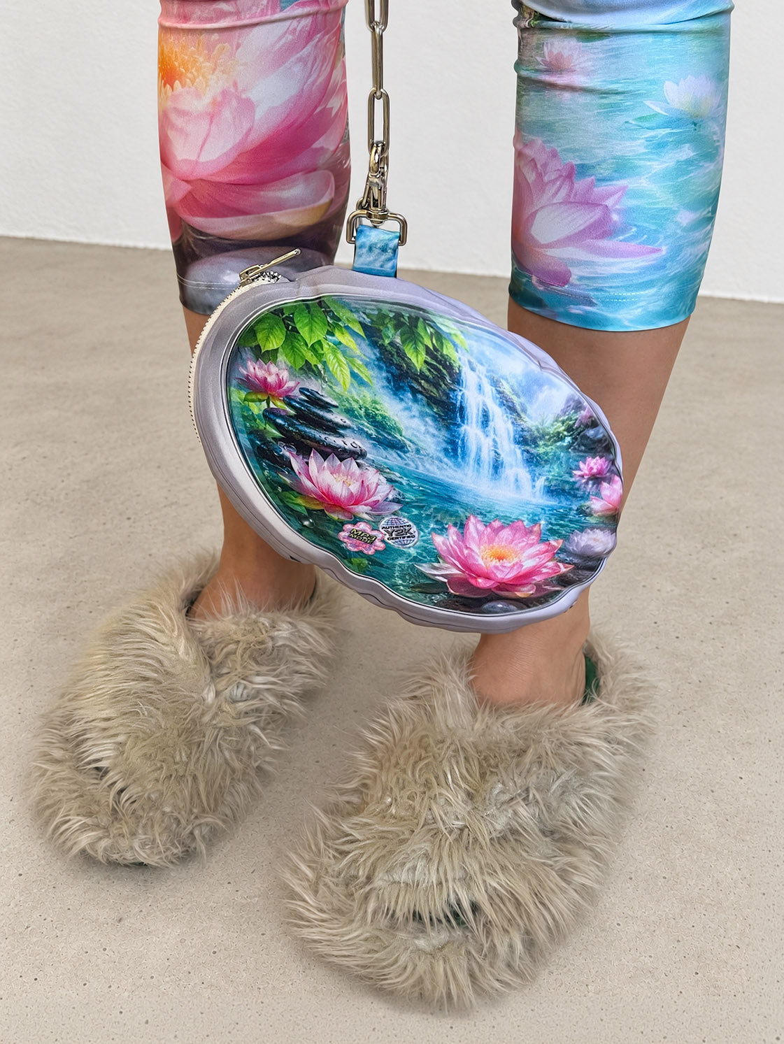 A person wearing colorful floral leggings and fluffy beige slippers holds a small oval clutch with a vivid waterfall and lotus pond print. The clutch has a silver-tone chain strap and is photographed against a plain indoor wall and floor.