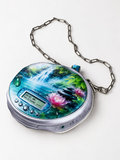 Zen CD Pouch Bag, front view on a light background showing the printed screen and chain strap.