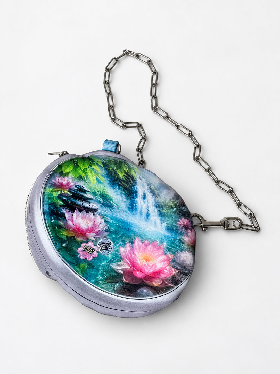 Zen CD Pouch Bag, back view with lotus flowers, turquoise waterfall print and detachable chain strap.
