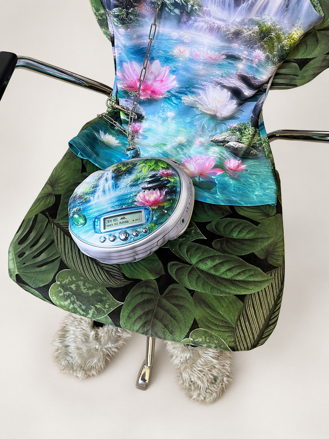A fashion display featuring a printed zen spa print tank top laid flat in a chair, accessorized with a matching CD player-shaped bag and a silver chain.