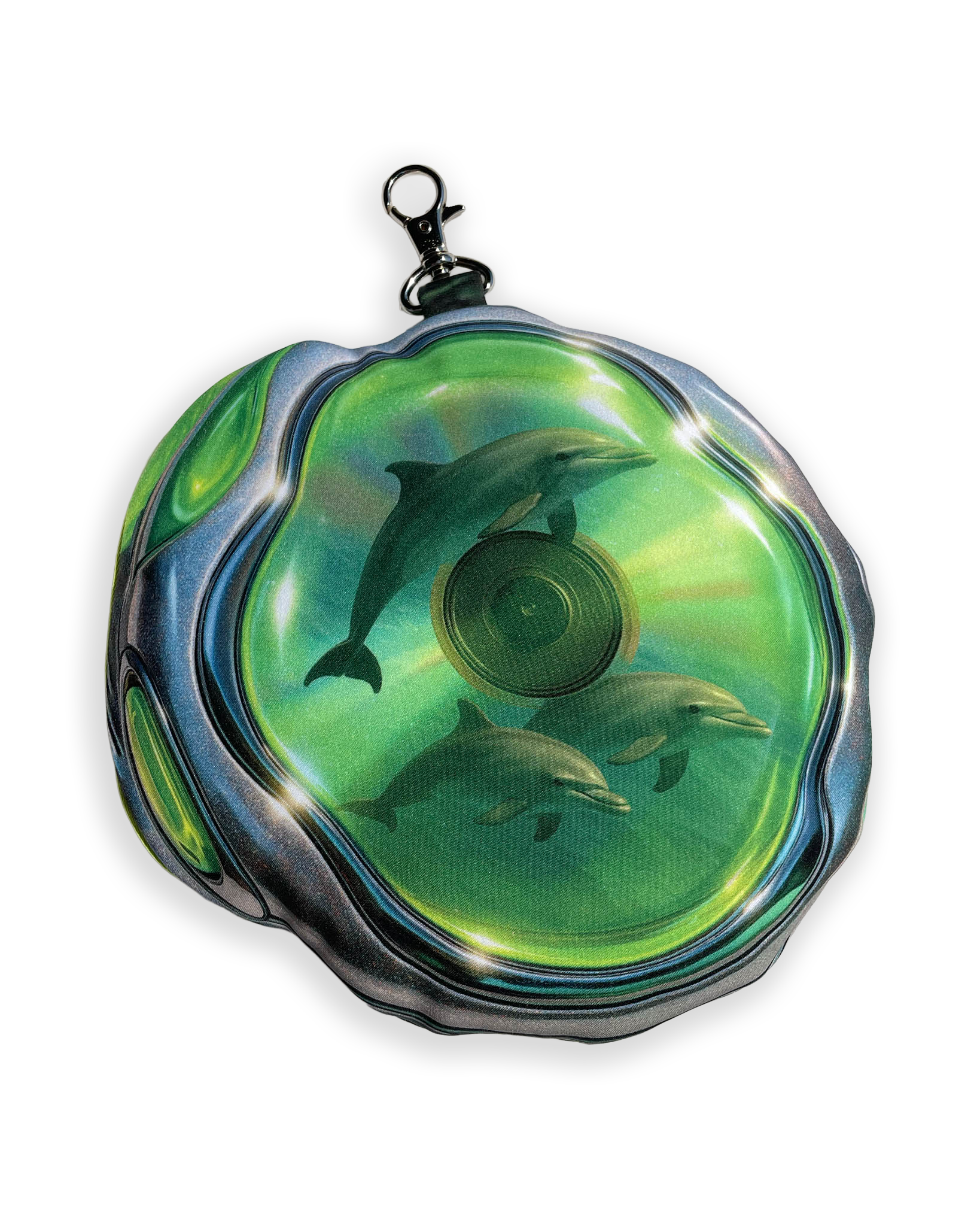 Close-up of the back of the DOLPH MP3 pouch bag by Chimera Lab, featuring a surreal dolphin vocal CD print inside translucent green casing.