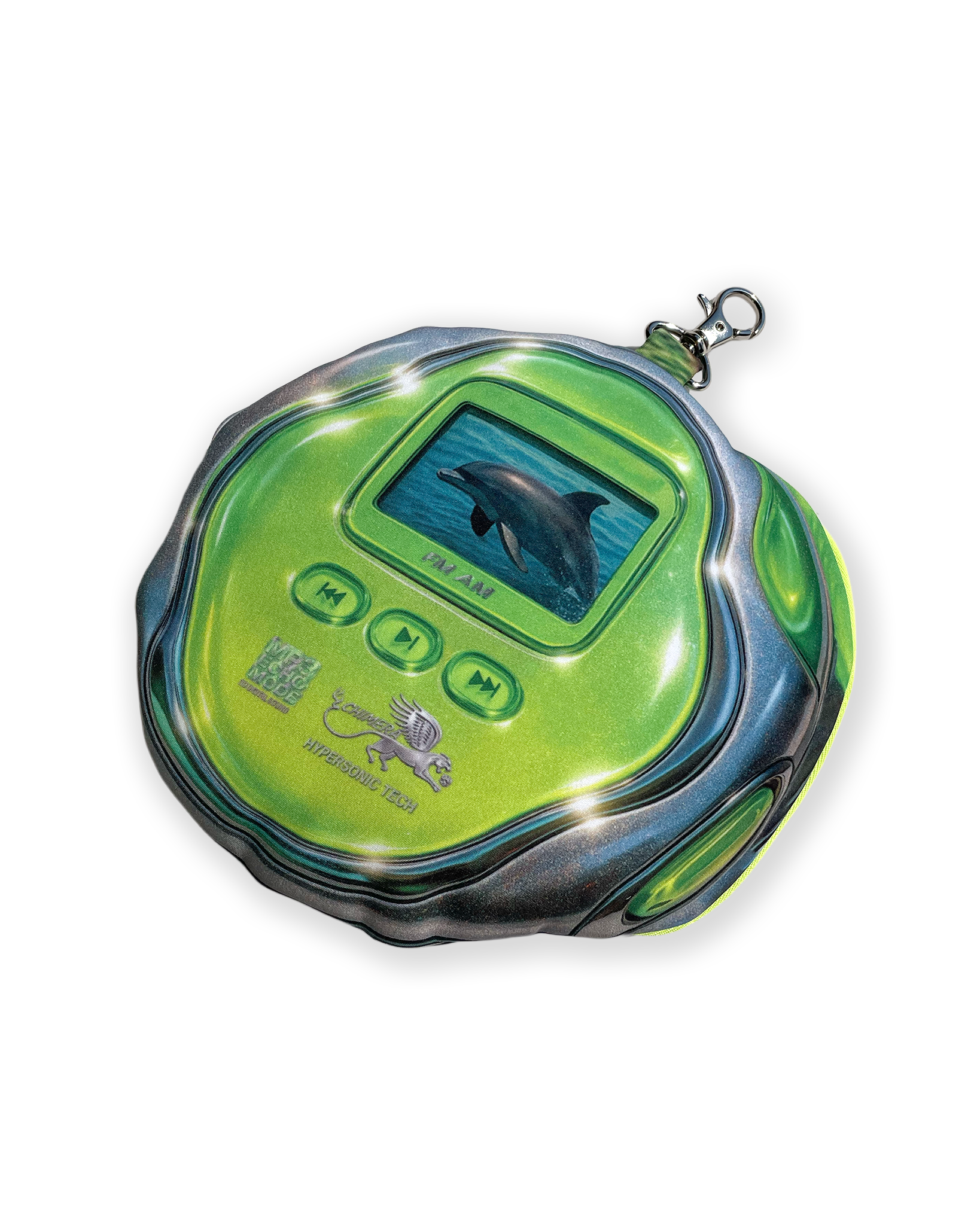 Close-up of the DOLPH MP3 pouch bag by Chimera Lab, shaped like a green retro MP3 player with dolphin screen graphic, Y2K-inspired wearable art.