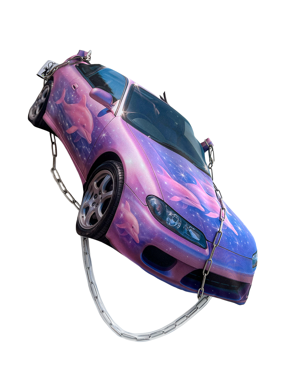 Purple and pink sports car shaped handbag with airbrushed dolphins and galaxy-style print, featuring a chain shoulder strap, by CHIMERA.