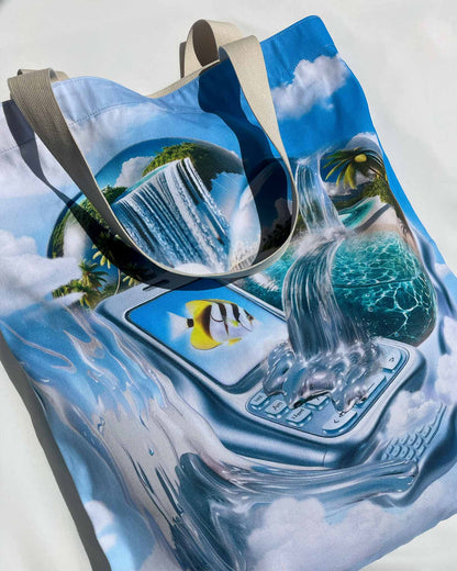 Close-up of the Dreamline OS Organic Cotton Tote showing melting mobile phone with yellow fish on the screen and beach scene in dreamy, glossy light.