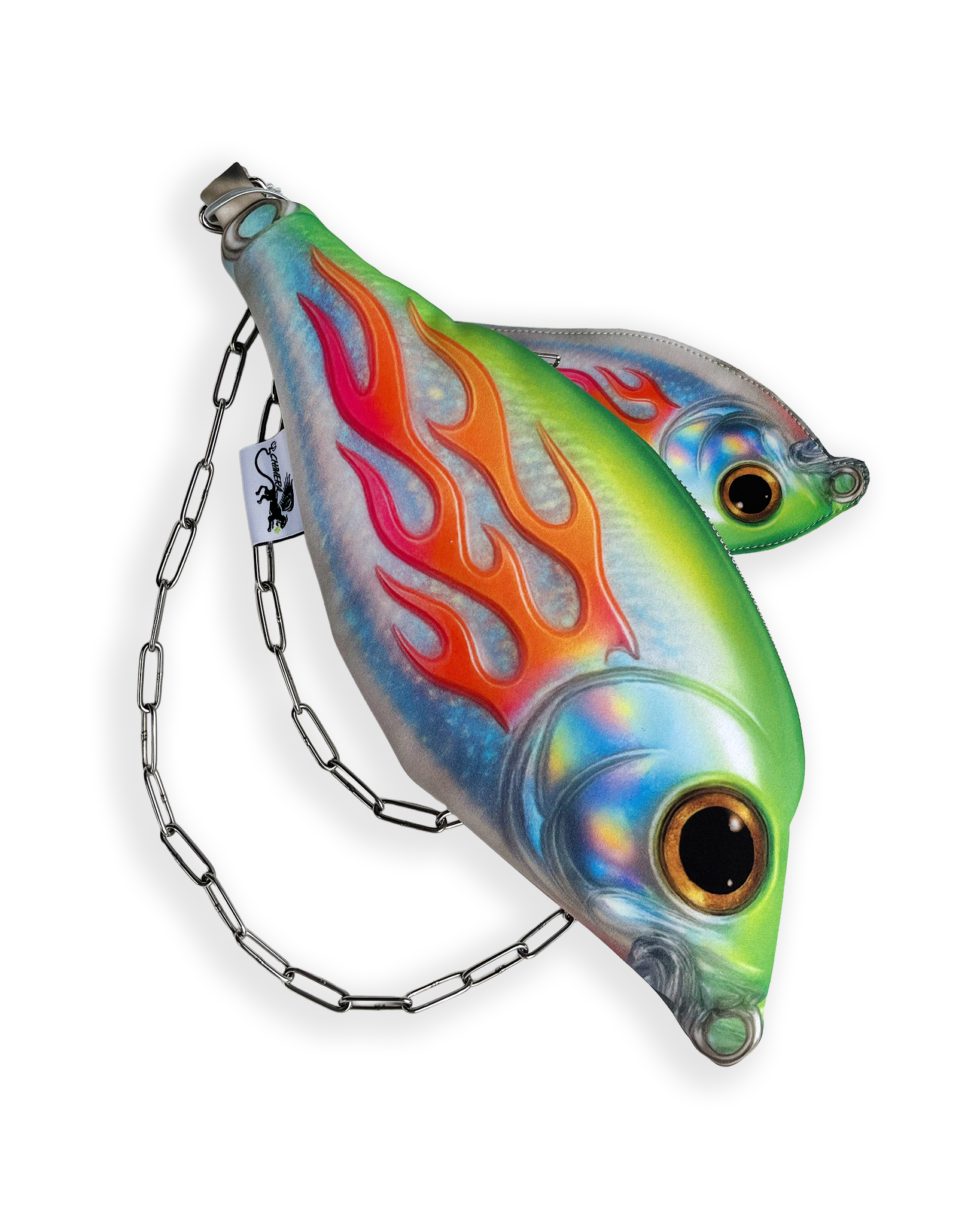 Baby Trophy Fish holographic mini pouch with neon flames and detachable 110 cm chain strap.
