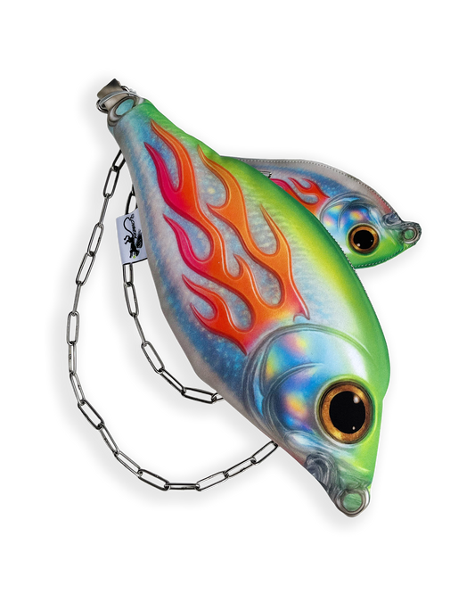 Baby Trophy Fish holographic mini pouch with neon flames and detachable 110 cm chain strap.
