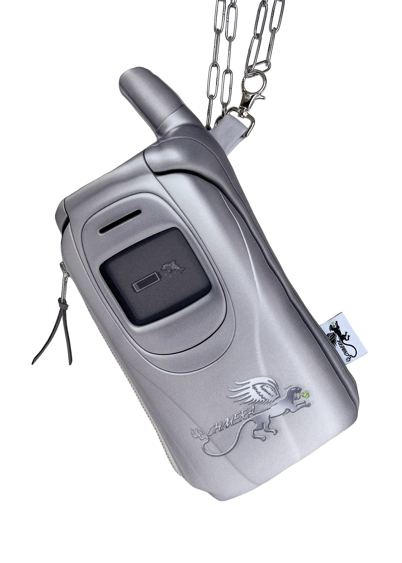 A silver flip phone-shaped pouch bag by CHIMERA with a chain strap, featuring a silver printed logo on the front, isolated on a white background.