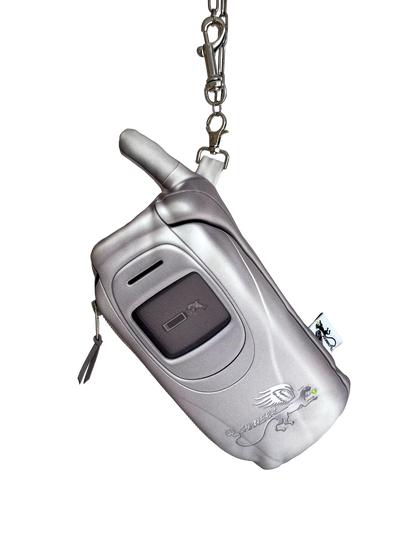 Retro mobile phone shaped shoulder bag, Y2K silver tech-inspired purse.