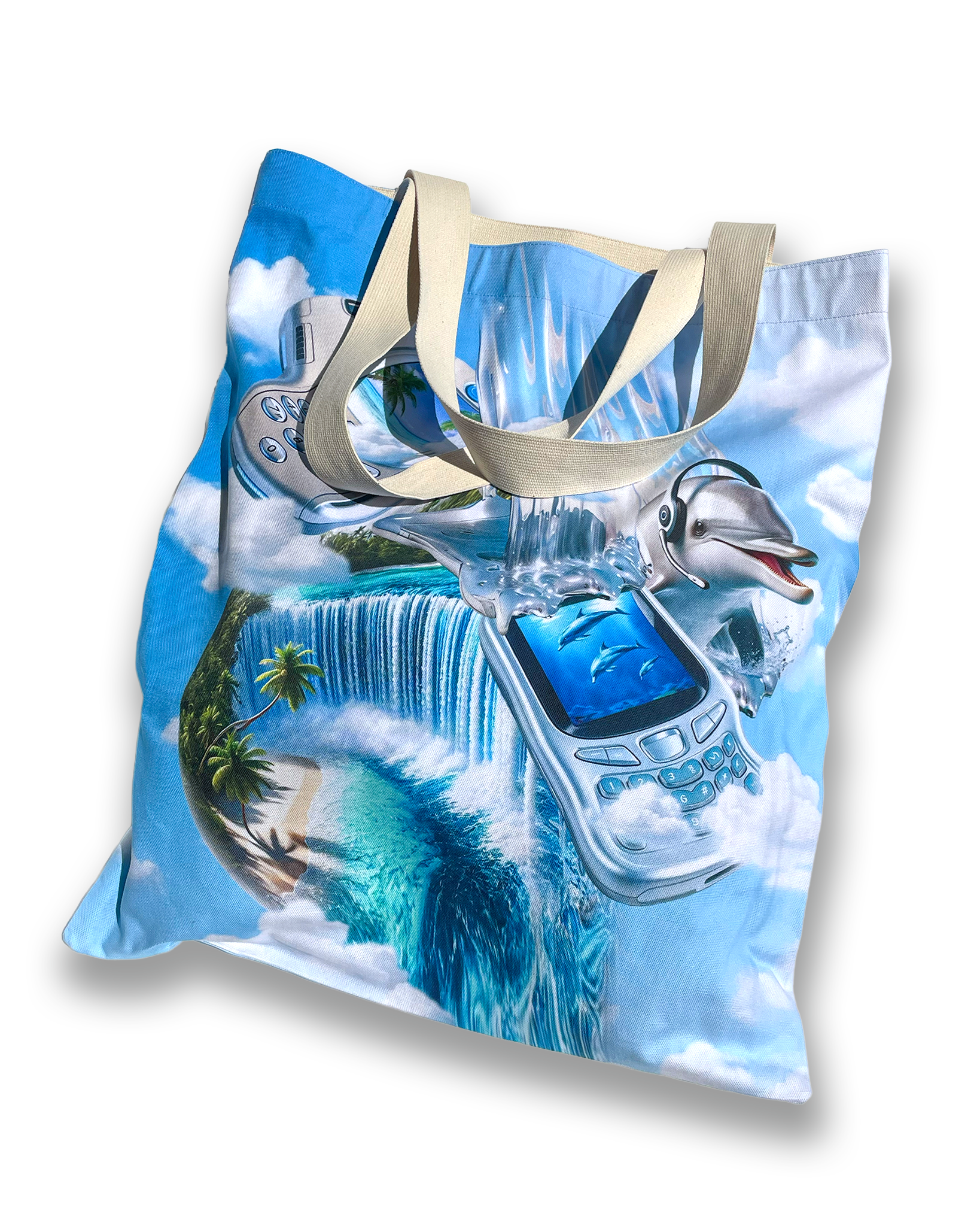 Flat lay of the Dreamline OS Large Cotton Canvas Tote Bag by Chimera Lab on white background, showcasing full surreal phone-dolphin print.