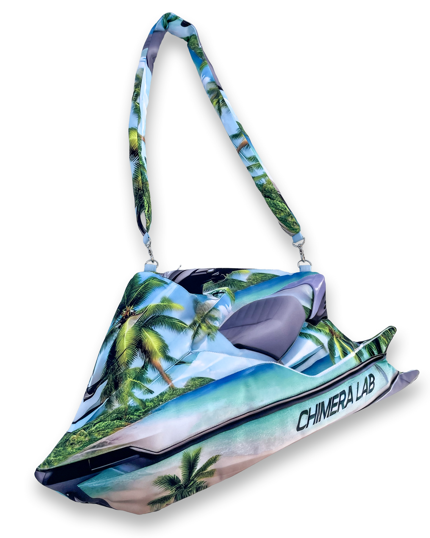 Tropical Jetski Bag laid flat, highlighting beachside jet ski silhouette, oceanic print, and Chimera Lab logo on the side