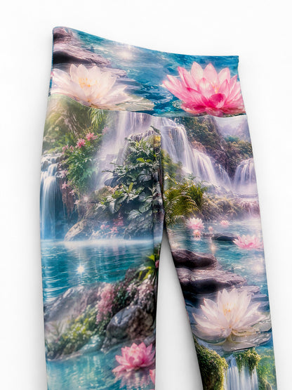 Close-up of the Zen Capri waistband and upper legs, showing waterfall scenery and lotus flowers.