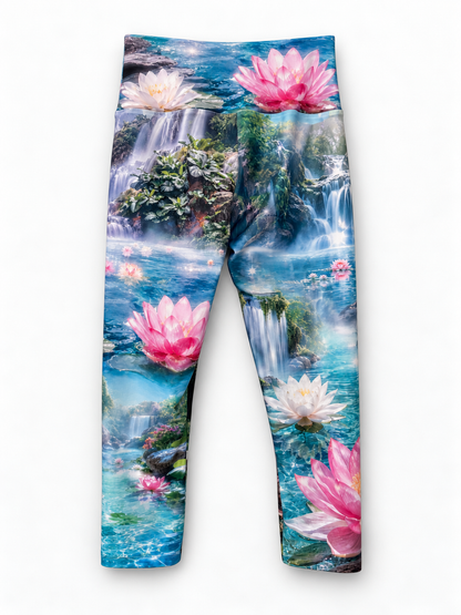 Zen Capri leggings, back view with a high waistband and all-over lotus and waterfall print.