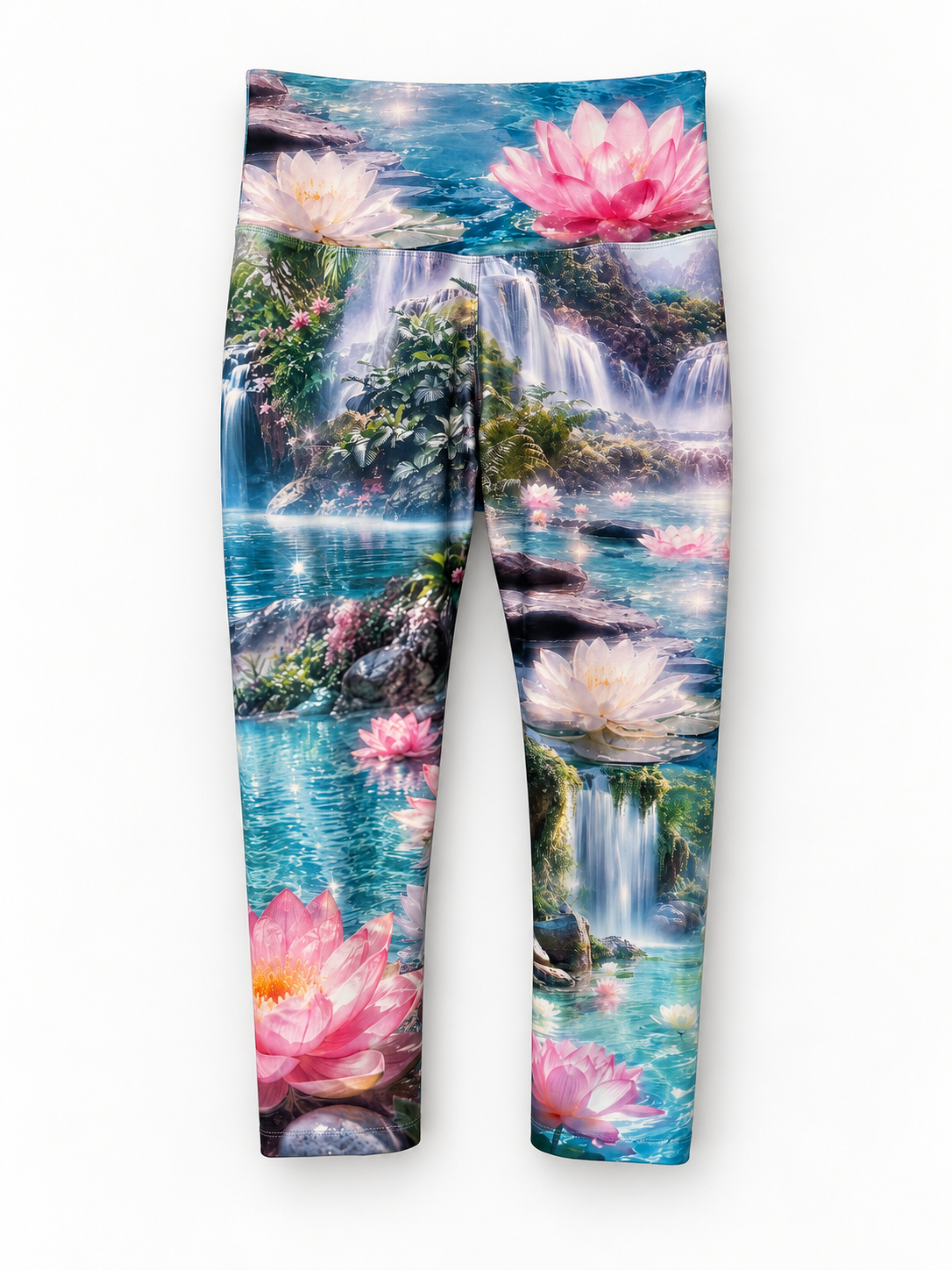 Zen Capri leggings, front view showing the high waistband and turquoise lotus waterfall print.