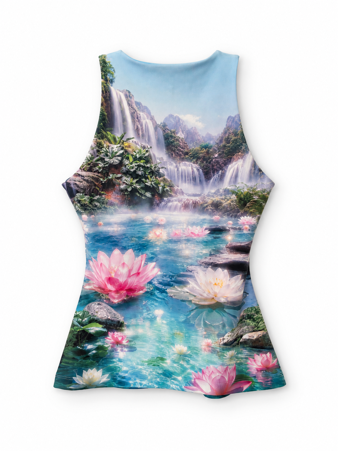 Lotus Flower Tank Top, back view showing the all-over lotus and waterfall print.